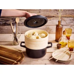 NORI Cocotte En Fonte Emaillée Avec 2 Paniers Vapeur BEKA Ronde Noir D20